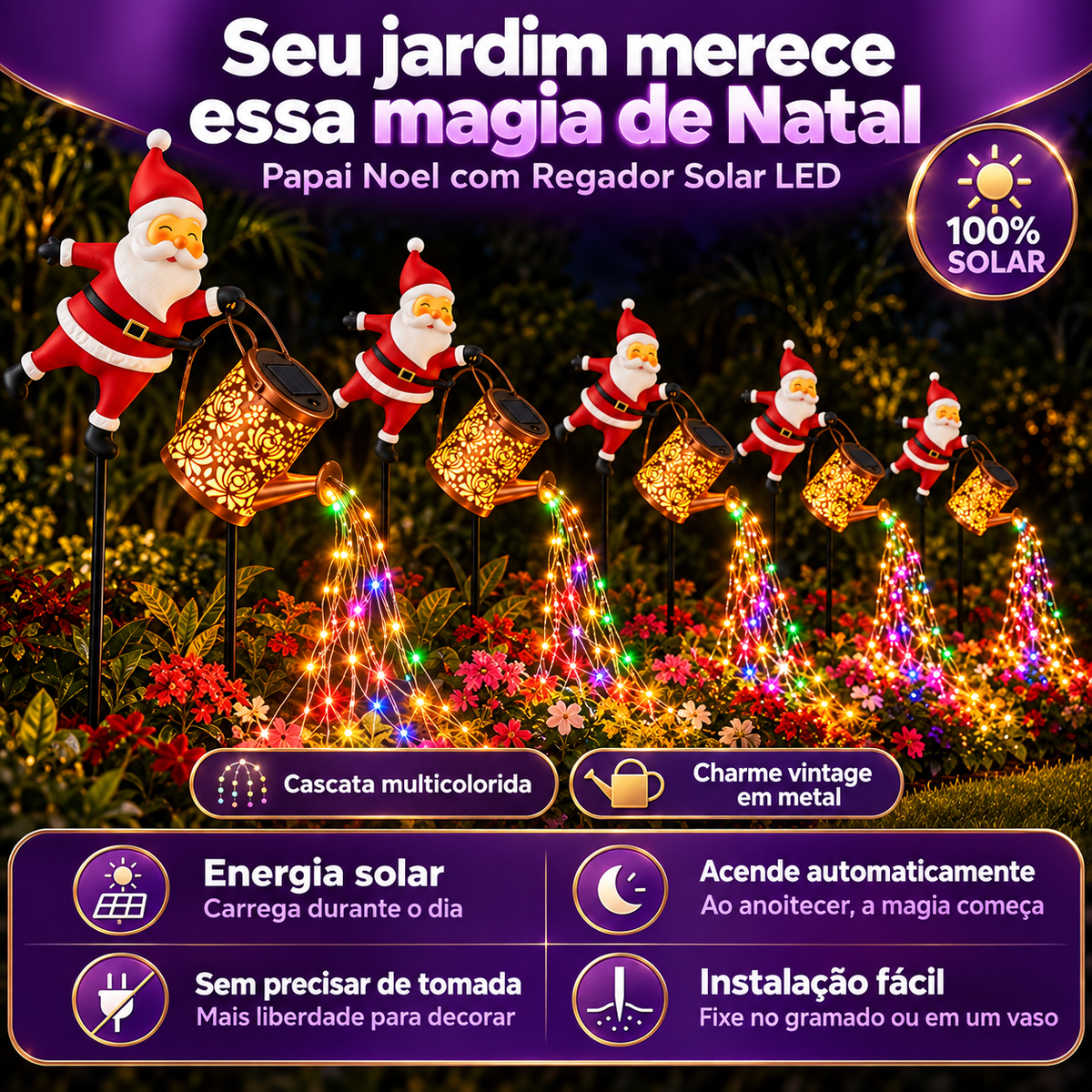 Papai Noel com Regador Solar LED RGB